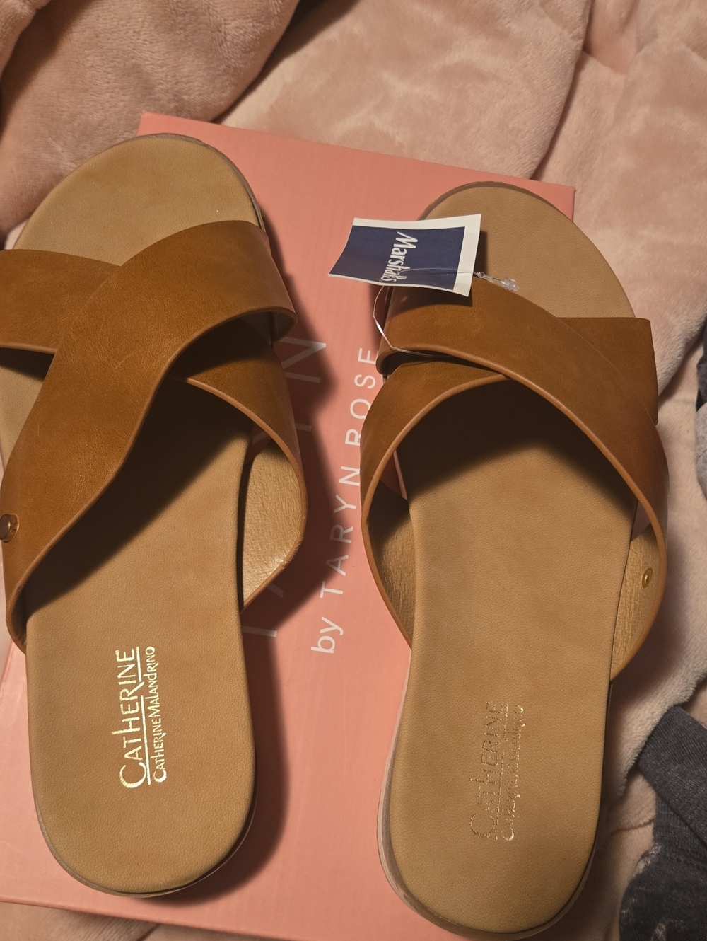Marshalls Cognac Brown Crossband Slide Sandals